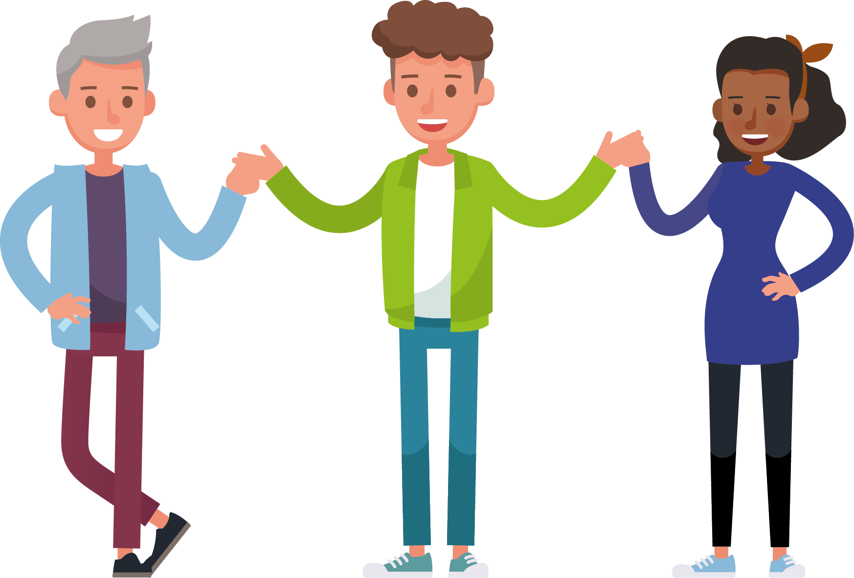 Drie personen die elkaars hand vasthouden